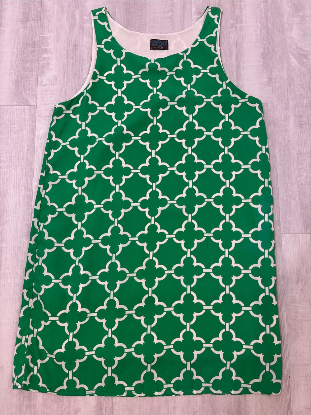 Tinley Sleeveless Green and White Geo-Print Casual Dress Large
